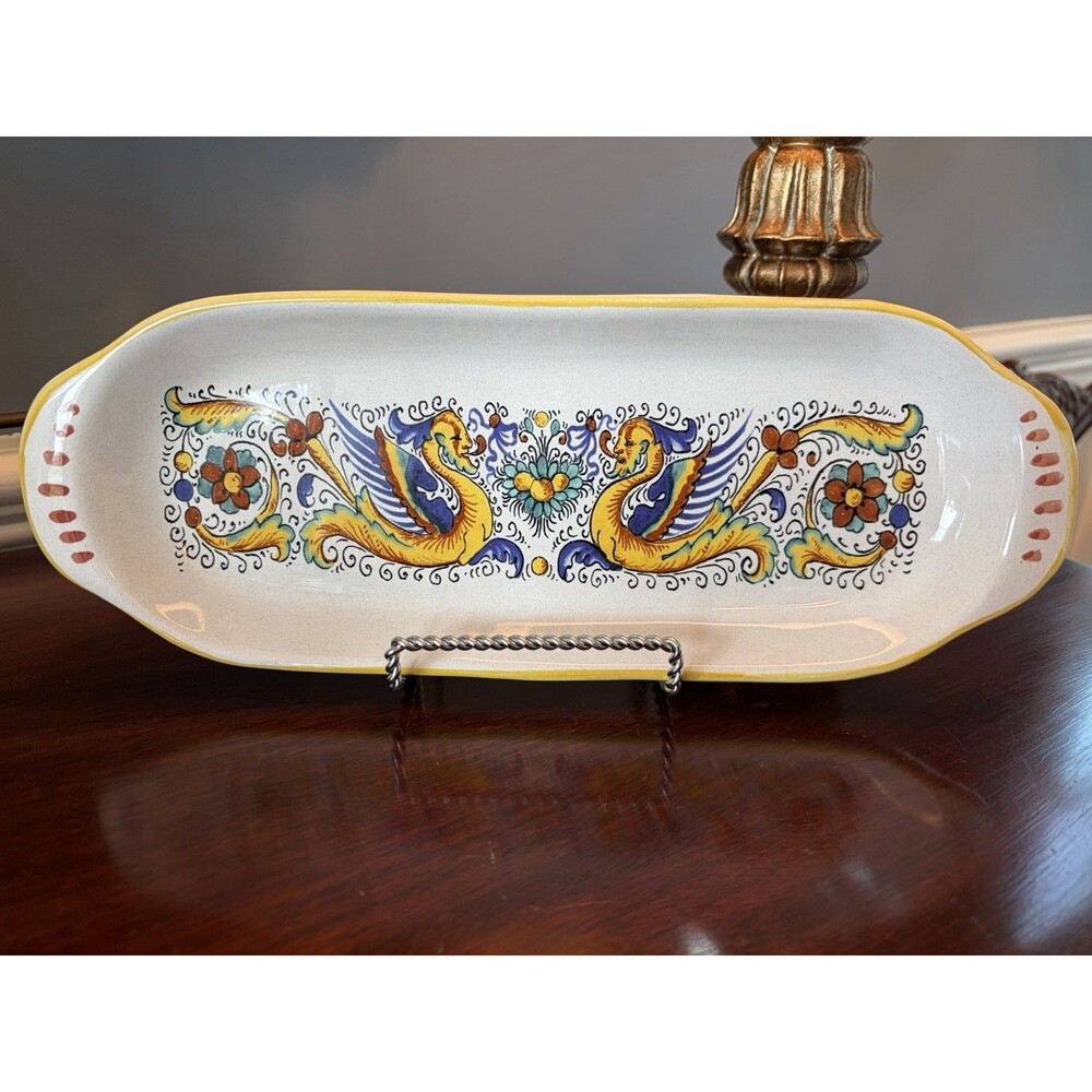 Nova Deruta Italian Raffaellesco Pottery Serving Plate Dish Tray Dragons-15”x5.5